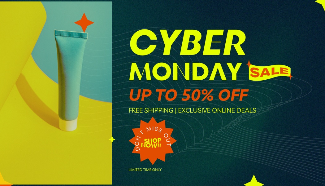 cosmetic tube, beauty tube, skincare tube, makeup tube, cosmetic container, beauty product, skincare product, sale promotion, limited time deal, modern typography, energetic, bold, yellow, blue, orange, cyber monday