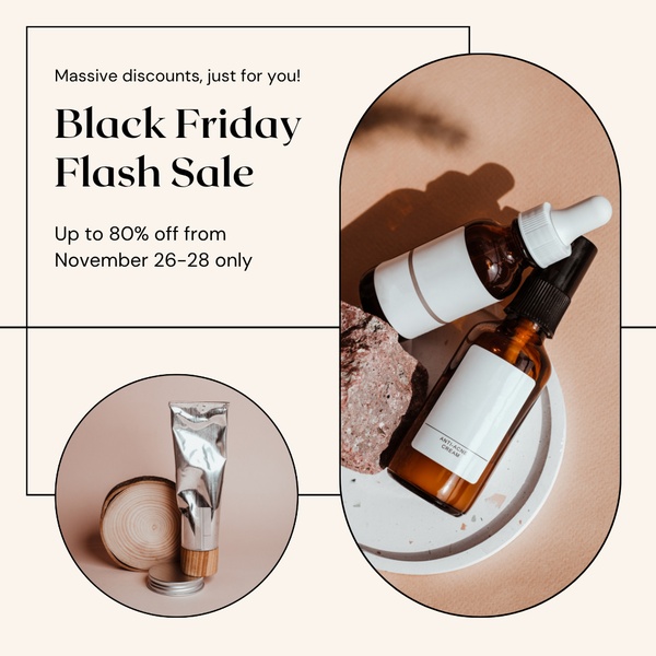 skincare products, face cream, beauty serum, cosmetic bottles, skincare set, facial products, beauty products, sale promotion, flat lay, calm, luxurious, neutral, brown, black friday