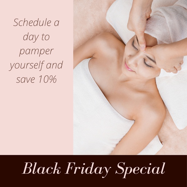 A square ad creative featuring a serene spa treatment session with a direct percentage-off incentive for the upcoming holiday.
