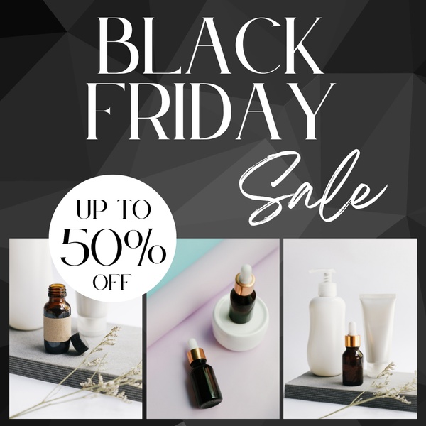skincare products, beauty serums, face oils, cosmetic bottles, skincare set, beauty products, facial treatments, sale promotion, modern typography, flat lay, bold, luxurious, black, neutral, black friday