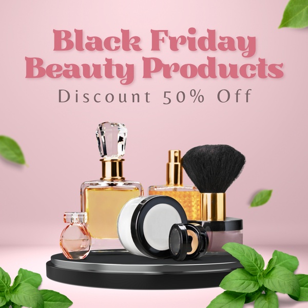 cosmetics, makeup, beauty products, skincare, perfume, makeup brush, foundation, sale promotion, minimalist, luxurious, pink, gold, black friday