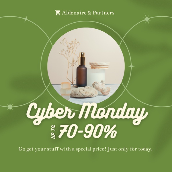 A clean, square-format seasonal sale ad featuring a serum bottle centered in a circle, using earthy green tones to highlight a high-percentage discount.