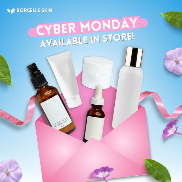 skincare products, beauty products, face care, skin care set, cosmetics, beauty routine, facial products, sale promotion, flat lay, playful, fresh, blue, pink, cyber monday