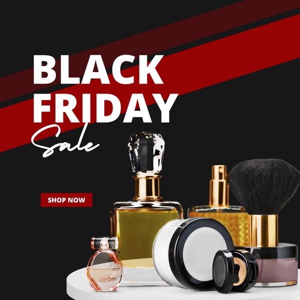 cosmetics, makeup, beauty products, perfume, makeup brush, foundation, beauty set, sale promotion, minimalist, bold, luxurious, red, black, gold, black friday