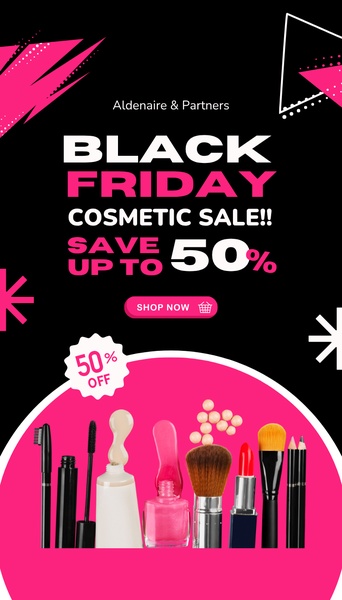 cosmetics, makeup, beauty products, nail polish, lipstick, mascara, makeup brushes, sale promotion, modern typography, energetic, bold, pink, black, black friday