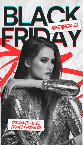 A high-impact 9:16 vertical social ad featuring a black-and-white fashion model, vibrant red abstract accents, and bold typography for a Black Friday beauty product promotion.