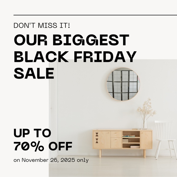A clean, high-contrast promotional graphic showcasing a modern sideboard with a clear discount offer for Black Friday.