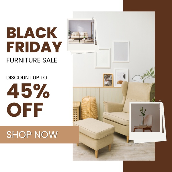 A clean 1:1 square advertisement featuring a high-end armchair and ottoman in a minimalist setting to promote a 45% off Black Friday furniture sale.