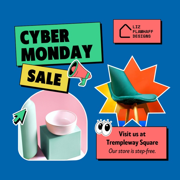 A high-energy, collage-style graphic for a furniture retailer featuring a chair and home goods in a Cyber Monday promotion.