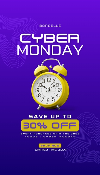 A high-contrast vertical advertisement featuring an alarm clock as a symbol of urgency for a 30 percent off store-wide sale.