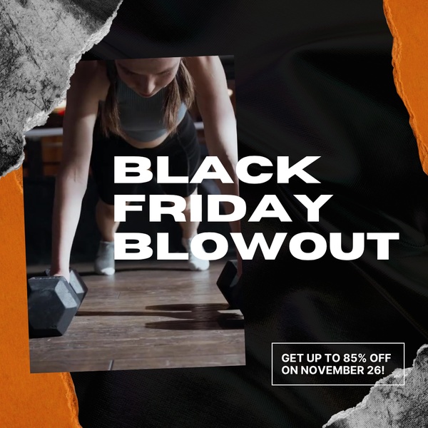 A high-contrast promotional ad for dumbbells featuring a shredded discount offer and an active, high-intensity aesthetic.