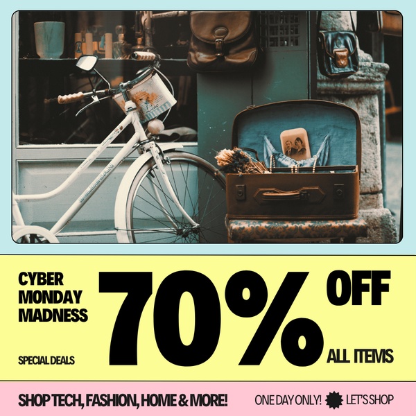 A seasonal promotion for a bicycle and vintage luggage set, featuring bold typography for a 70% off Cyber Monday sale.