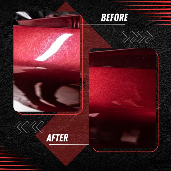 A split-screen comparison showing a scratched car surface on the left and the restored, glossy finish on the right.