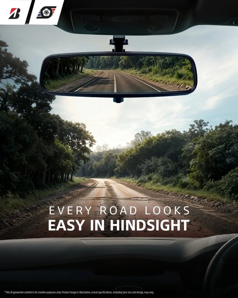 A clever conceptual advertisement for car tyres featuring a rearview mirror perspective to convey ease and reliability on the road.