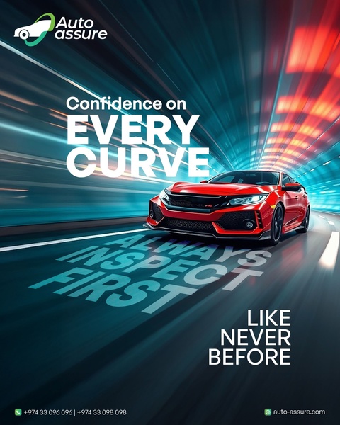 A high-performance car speeding through a glowing blue tunnel with bold text overlays emphasizing safety and inspection.