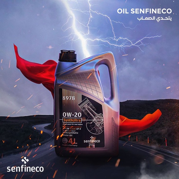A dramatic product photography ad featuring motor oil flanked by flowing red capes against a stormy, lightning-filled sky.