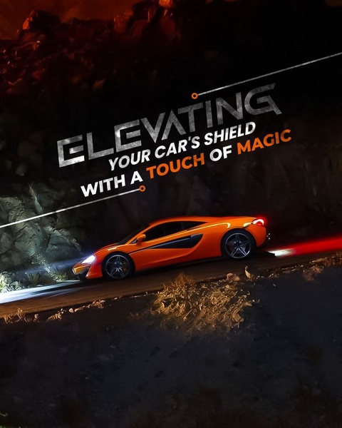 A high-end orange sports car is parked in a dark, moody environment with bold text highlighting protective car paint technology.