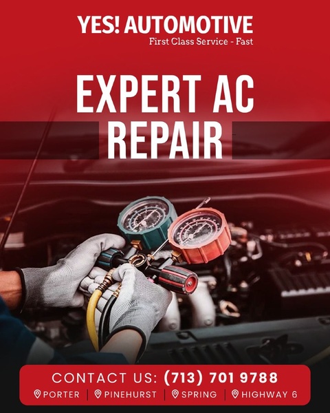 A bold, high-contrast ad featuring a technician using AC diagnostic gauges on a vehicle engine, focusing on professional service and local contact information.