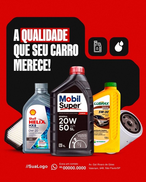A clean, studio-lit display of multiple motor oil brands and a filter, set against a bold red background to emphasize automotive quality.