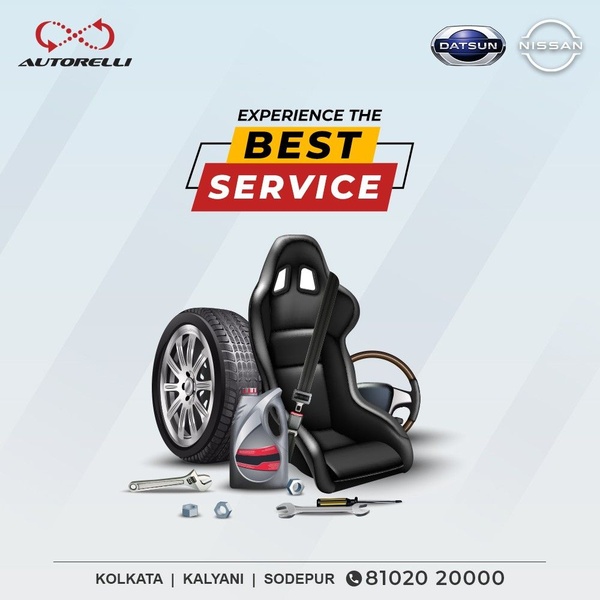 A high-quality 1:1 graphic showcasing essential car maintenance components like tires, oil, and tools to promote professional vehicle service.