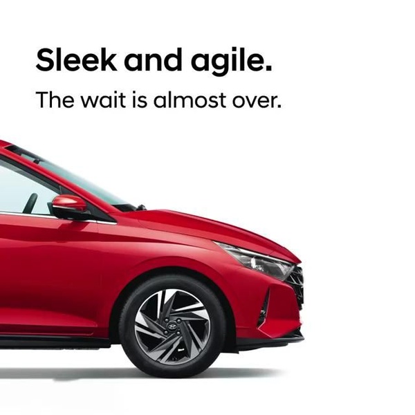 A high-contrast, minimalist side profile of a red car paired with a brief, punchy teaser headline.