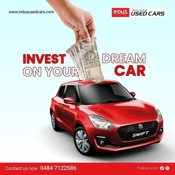 A direct-to-customer ad featuring a hand holding money over a red car to represent financial investment in a vehicle purchase.