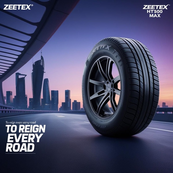 A high-impact product shot of a tire set against a sleek, modern city skyline at twilight to convey durability and versatility.