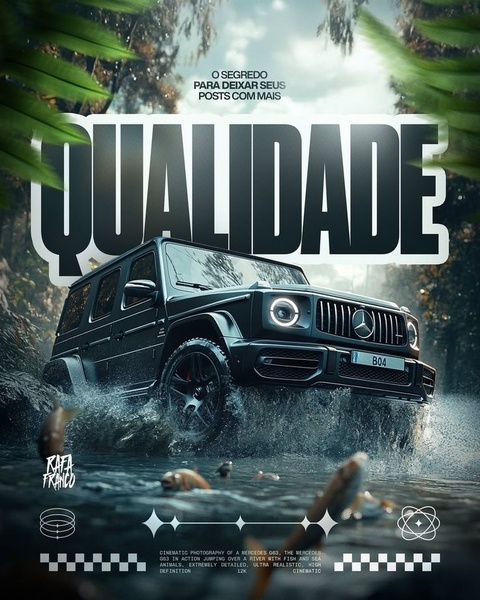 A high-definition, ultra-realistic action shot of a Mercedes G63 driving through a river, using bold typography to signal quality and performance.