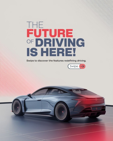 A high-end electric sedan advertisement utilizing a bold, futuristic claim with a sleek, minimalist aesthetic.