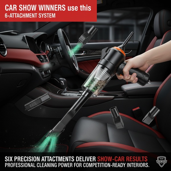 A high-contrast product-in-use shot demonstrating a 6-attachment car vacuum system cleaning a luxury vehicle interior.