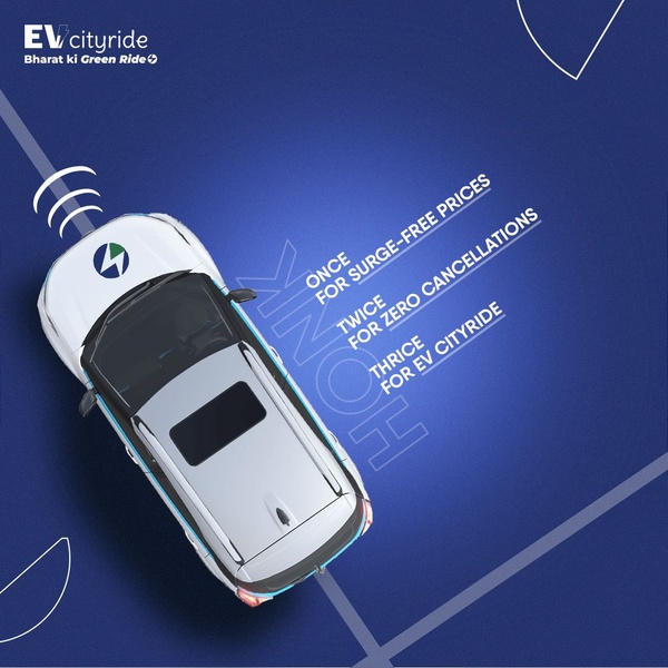 A top-down view of an electric car using a clever honking metaphor to outline three distinct service benefits for riders.