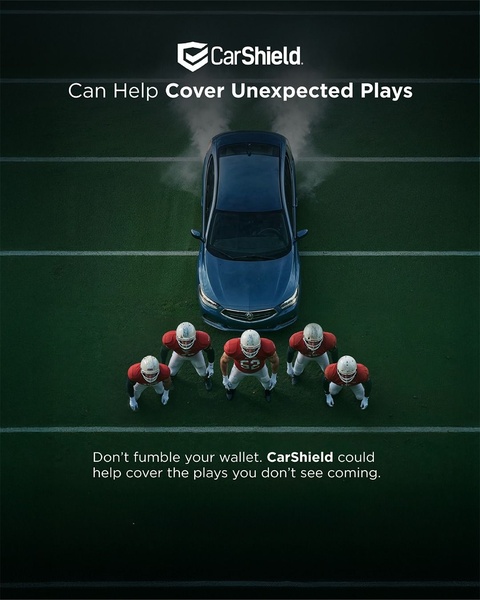 This creative uses a top-down view of a car on a football field, flanked by a defensive line to represent protection against unexpected mechanical failures.