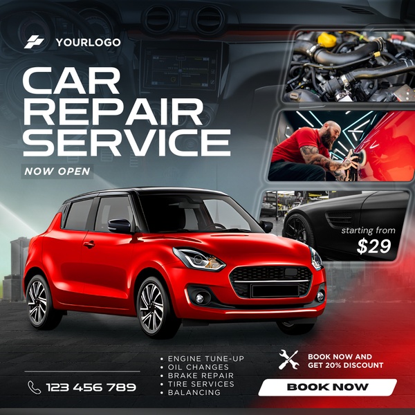 A high-conversion automotive service creative featuring a clean, professional aesthetic and clear service highlights with a promotional price point.