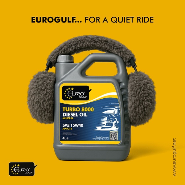 An anthropomorphic creative featuring a bottle of diesel oil wearing headphones to visually communicate the product benefit of a quiet engine.