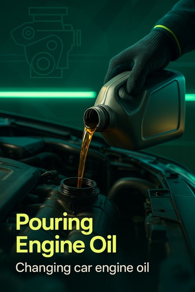 A close-up shot of engine oil being poured into a car engine, emphasizing the maintenance process through sharp focus and dark, moody aesthetics.