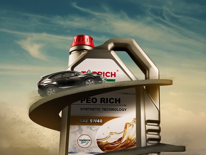 A creative visual showcasing a motor oil jug functioning as a race track for a vehicle to symbolize synthetic engine performance.