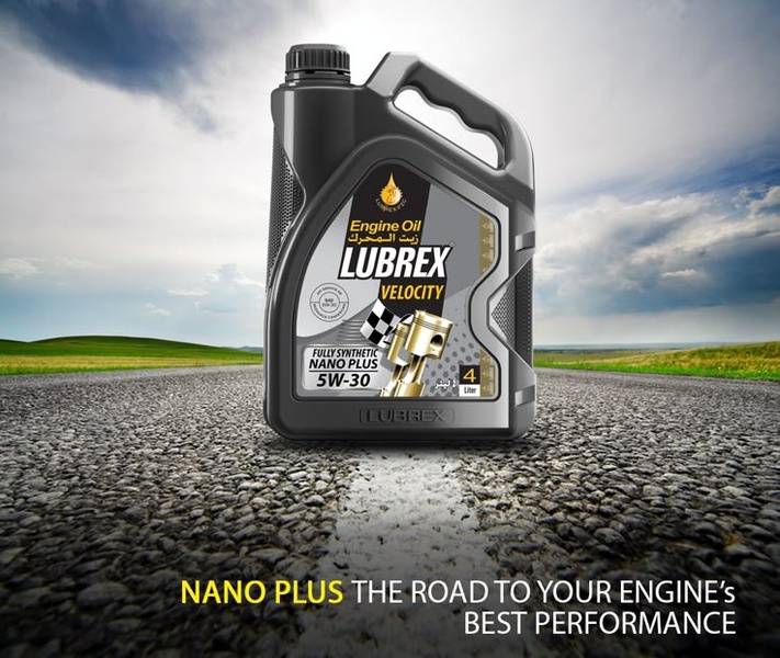 A static product creative showcasing a bottle of Lubrex Velocity engine oil on an open, empty road, highlighting a high-performance, synthetic engine oil.