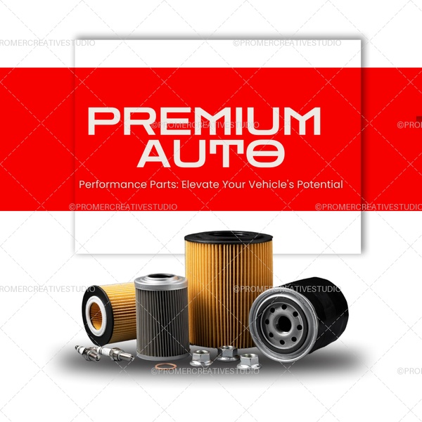 A crisp, professional product showcase featuring automotive filters and spark plugs centered on a high-contrast red and white background.