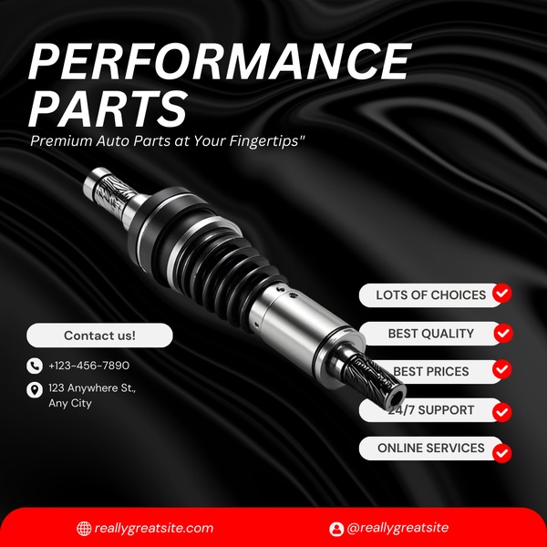 A dark-themed professional ad featuring a car axle part with a list of five core value propositions displayed in a clean, bulleted layout.