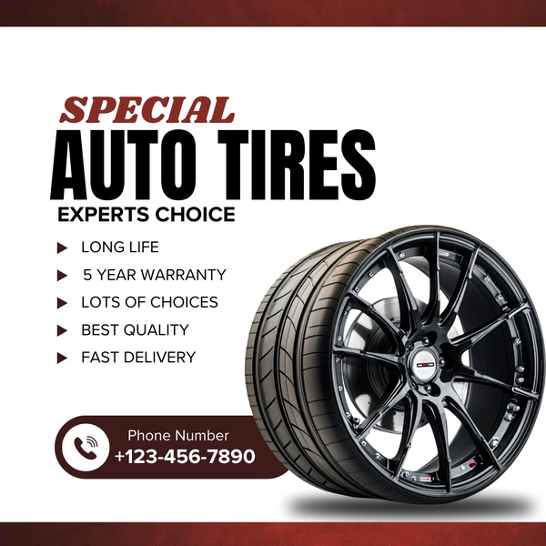 A clean, information-focused 1:1 image highlighting key features of auto tires with a clear contact call-to-action.