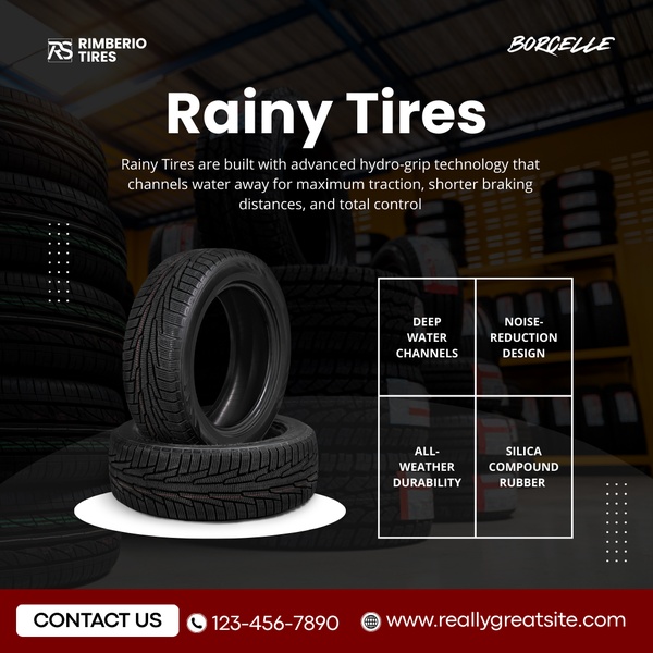 A square-format static ad highlighting the performance benefits of rainy tires using a professional, technical grid design.
