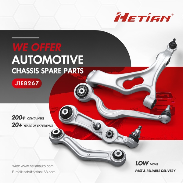 A clean, high-contrast B2B creative showcasing multiple chassis spare parts against a professional red and grey branded background.