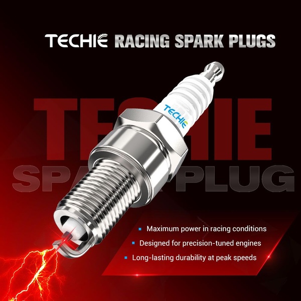 A high-performance spark plug is centered against a dark red backdrop, featuring a dynamic electrical discharge and bulleted technical benefits.