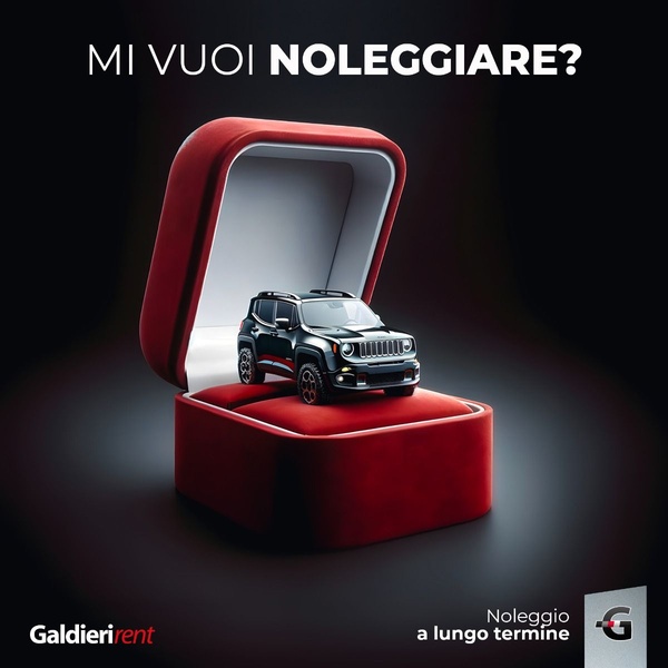 A high-end 1:1 image featuring a car placed inside a luxury velvet jewelry gift box, using the headline 'Do you want to rent me?'.