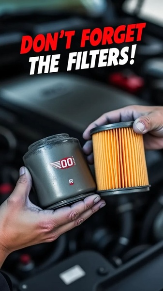 A high-contrast visual comparison shows an old, dirty oil filter next to a new one, immediately signaling a maintenance need to the viewer.