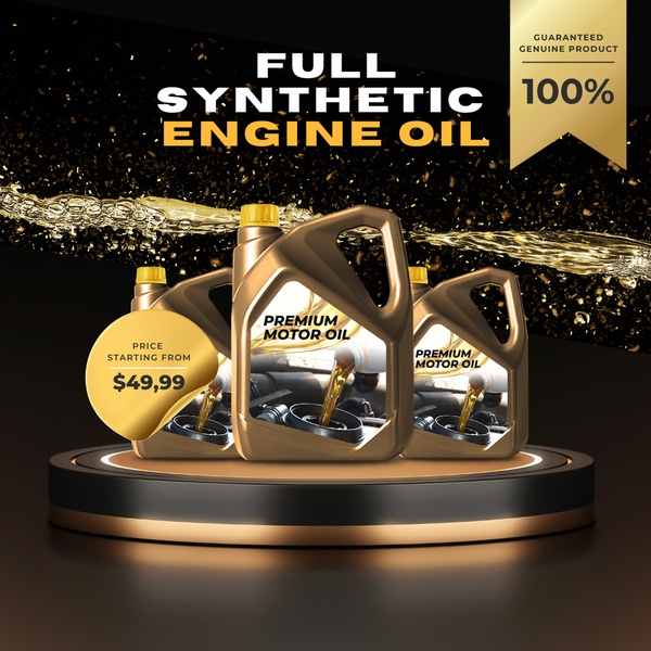 A high-end 1:1 creative featuring premium motor oil containers arranged on a spotlight stage with a clear price starting point.