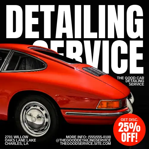 A high-contrast advertisement for a car detailing service featuring a partial view of a red sports car and a clear discount offer for 25% off.