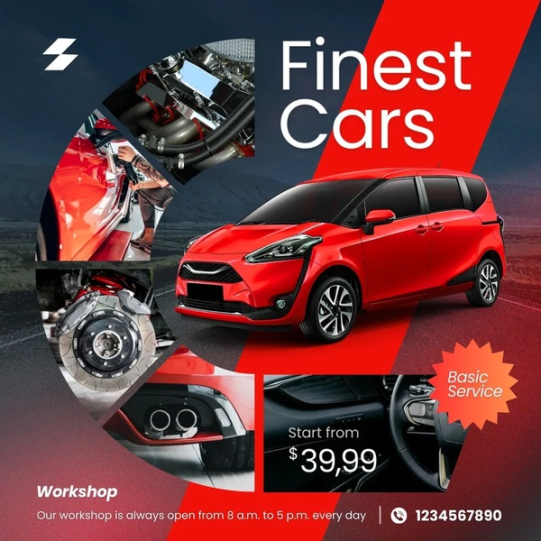 A split-view creative showcasing automotive maintenance services including engine work and undercarriage care, centered on a red vehicle.