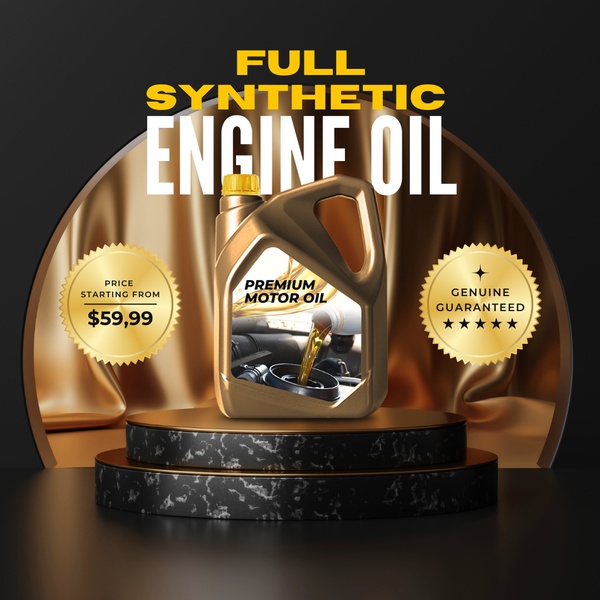 A high-end 1:1 square creative featuring a motor oil bottle on a marble pedestal, framed by golden curtains and minimalist gold typography.