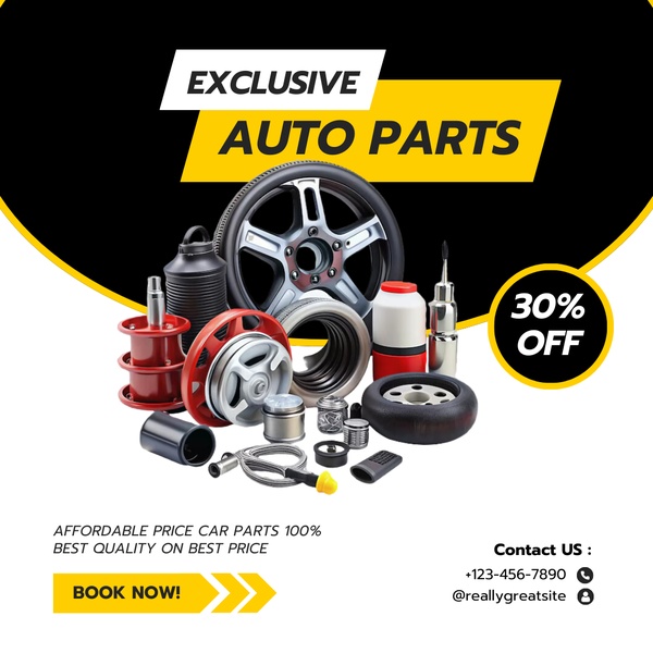 A 1:1 format ad showcasing a collection of essential vehicle components with a clear 30% off discount incentive and high-contrast yellow and black branding.